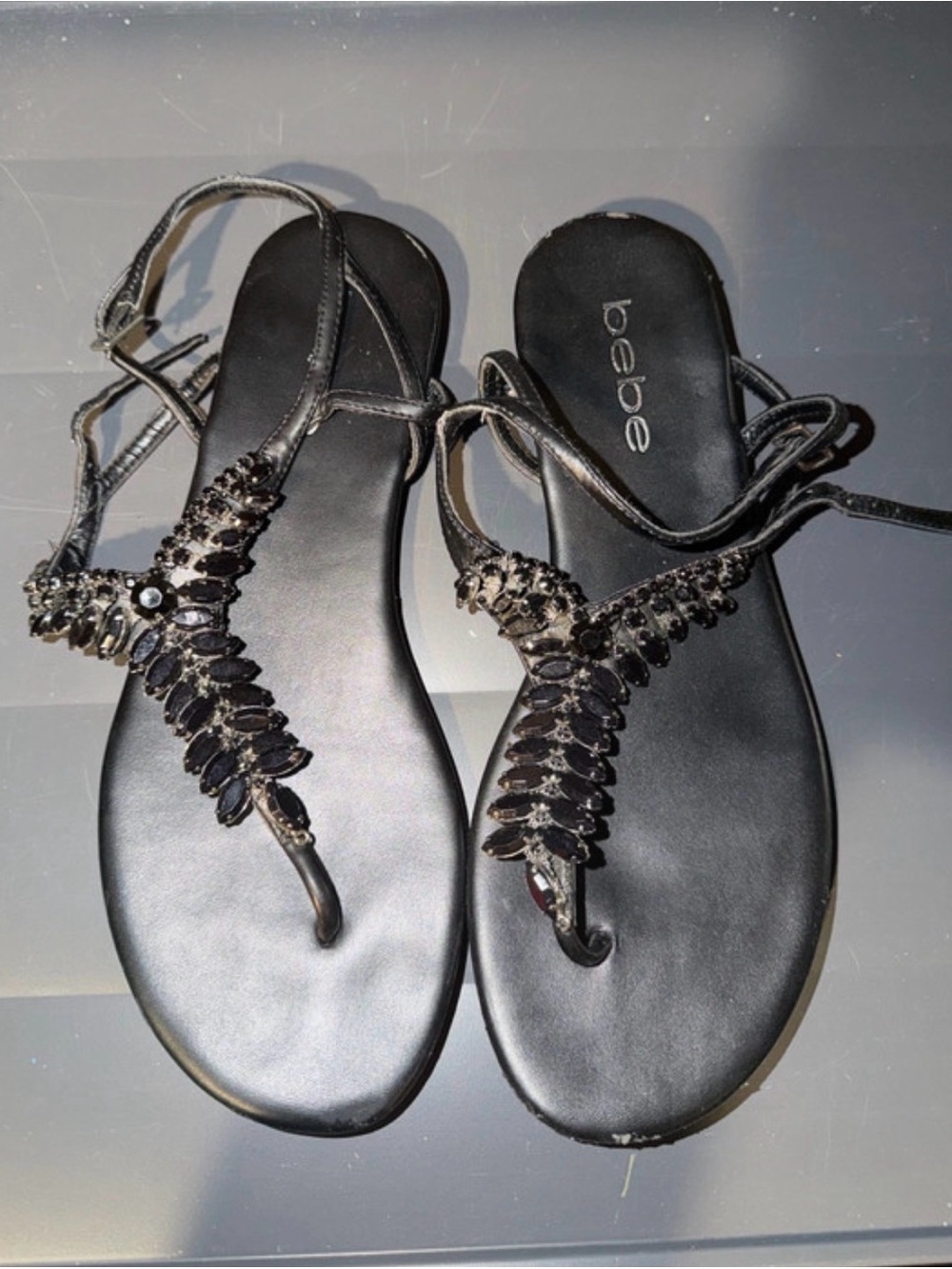 bebe Black Jeweled Strappy T‑Thong Sandals
